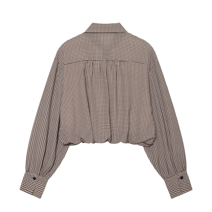 Damen Karierte Cropped-Hemdbluse mit weiten Ballonärmeln und Brusttasche Echoarchiv
