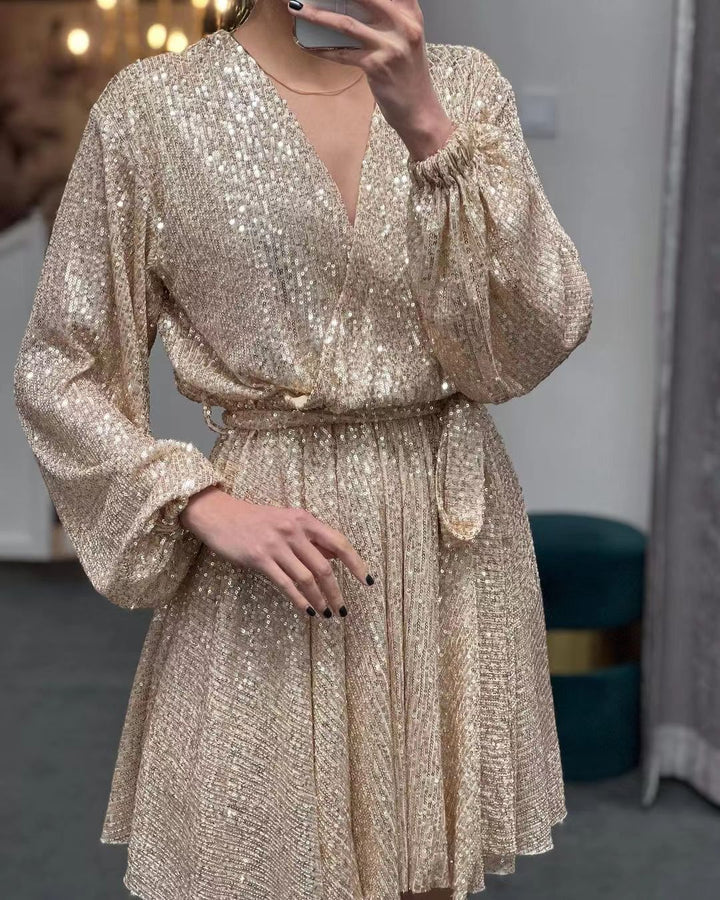 Damen funkelndes Cocktailkleid mit V-Ausschnitt und Taillengürtel Echo Archiv