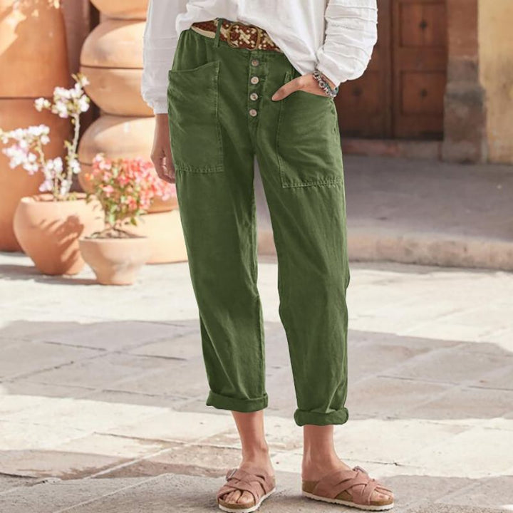 Damen nan Leinen-Baumwoll-Loungehose mit weitem Schnitt, hoher Bund und aufgesetzten Taschen Echo Archiv
