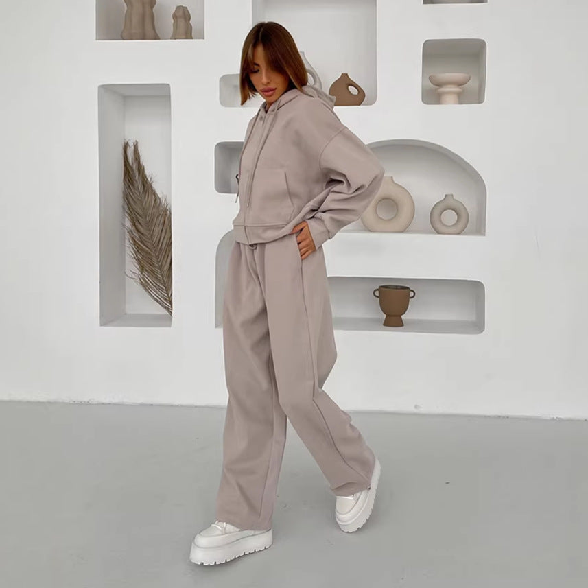 Damen lässiges Kapuzen-Sweatshirt mit Reißverschluss und weiten High-Waist Jogginghose – Auréline