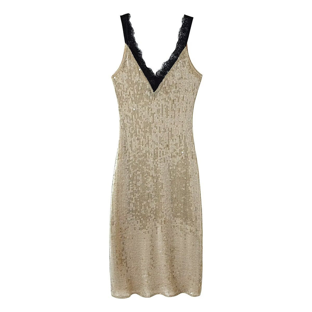 Damen glamouröses Abendkleid mit Pailletten und Spitzenverzierung Echo Archiv