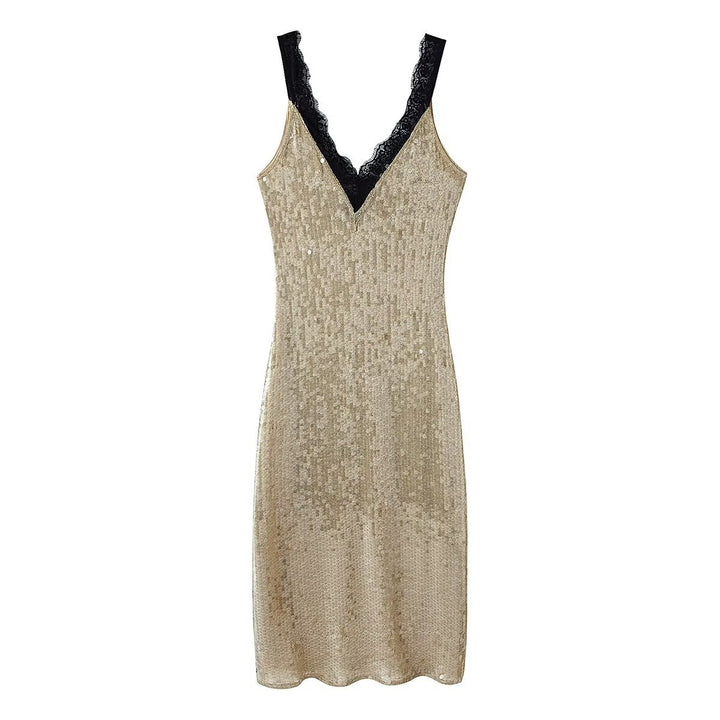 Damen glamouröses Abendkleid mit Pailletten und Spitzenverzierung Echo Archiv