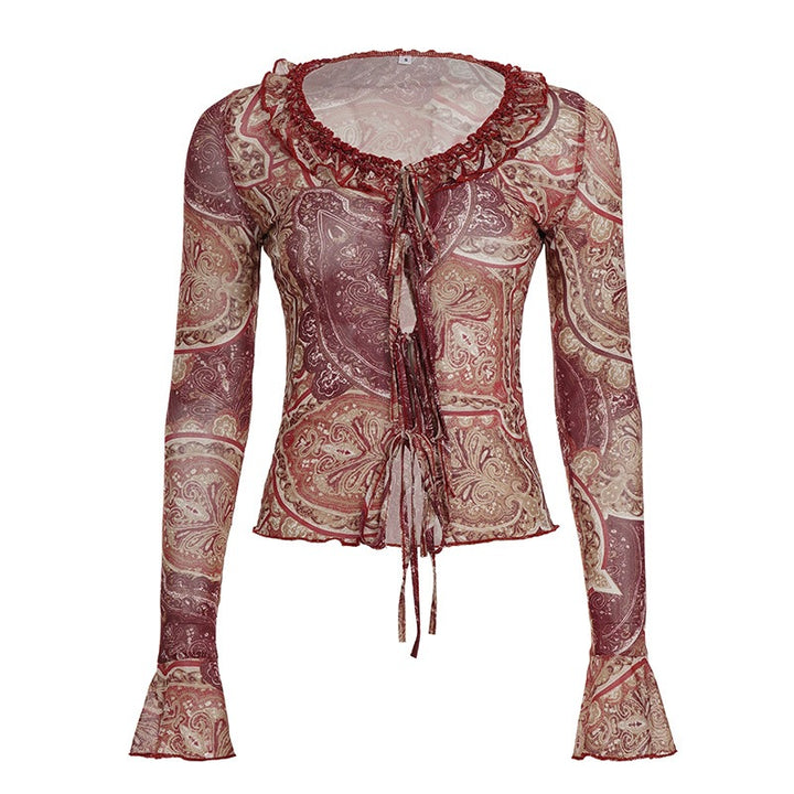 Damen Transparente Mesh-Bluse mit Paisley‑Print, Rüschenkragen, BindEcho Archivand und Glockenärmeln Echo Archiv