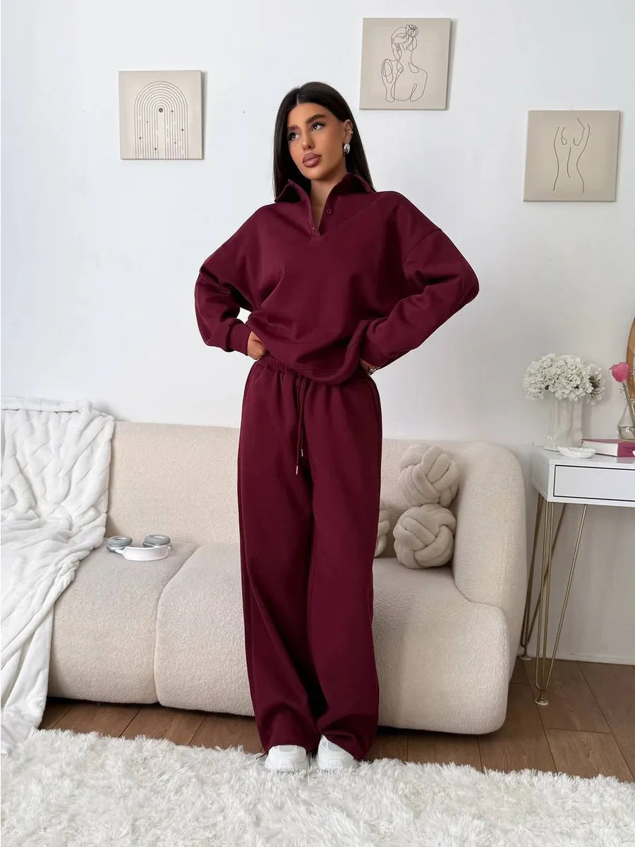 Damen weites Polo-Lounge-Set mit elastischem Tunnelzugbund und Wide‑Leg-Jogginghose – Avérine