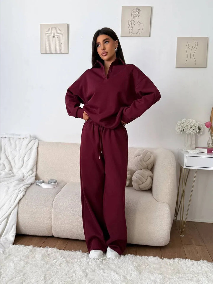 Damen weites Polo-Lounge-Set mit elastischem Tunnelzugbund und Wide‑Leg-Jogginghose – Avérine
