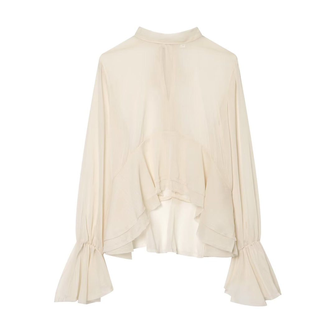 Damen Asymmetrische Volant-Bluse mit hohem Vorderteil, tiefem Rückteil und Trompetenärmeln Echo Archiv