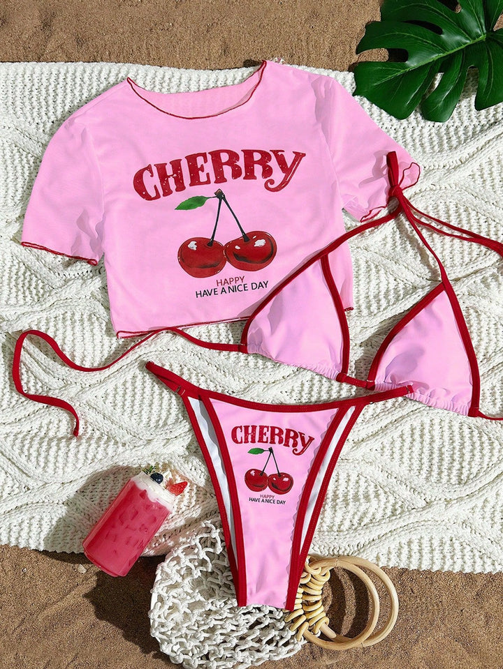 Damen Bikini-Set mit trendigem Kirschmotiv und lässigem Crop-Top Echo Archiv