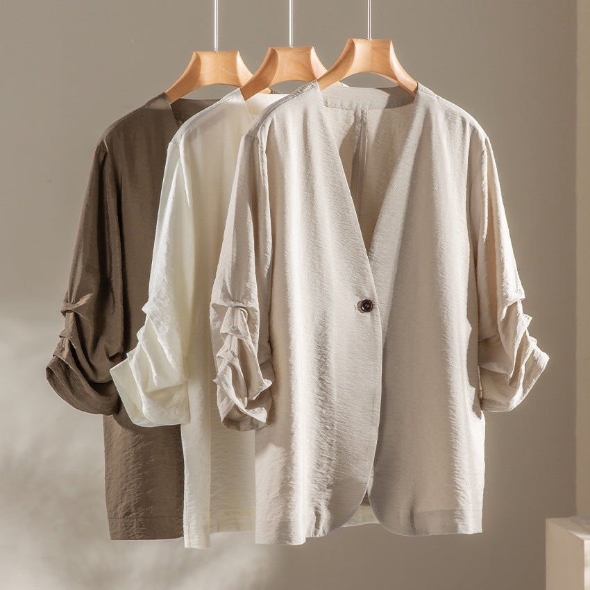Damen Leichter Oversize-Blazer mit V-Ausschnitt, Ein-Knopf-Verschluss und gerafften Dreiviertelärmeln Echoarchiv