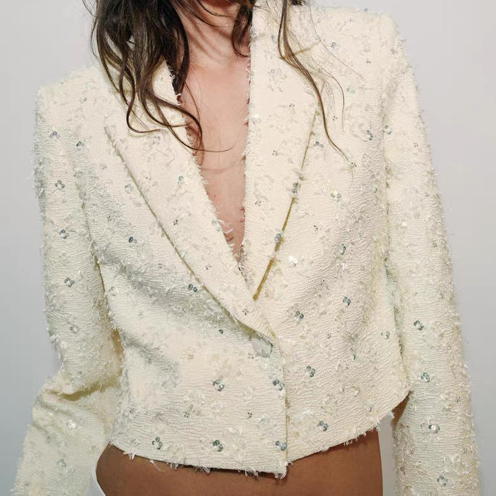 Damen Kurzer Bouclé-Blazer mit Paillettenbesatz und Reverskragen Echoarchiv