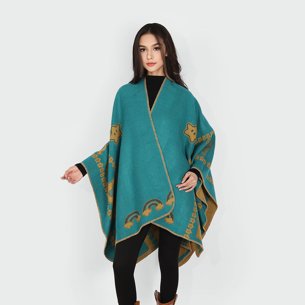 Damen Oversize-Poncho mit Jacquard‑Tiermotiv und asymmetrischem Zipfelsaum Echo Archiv