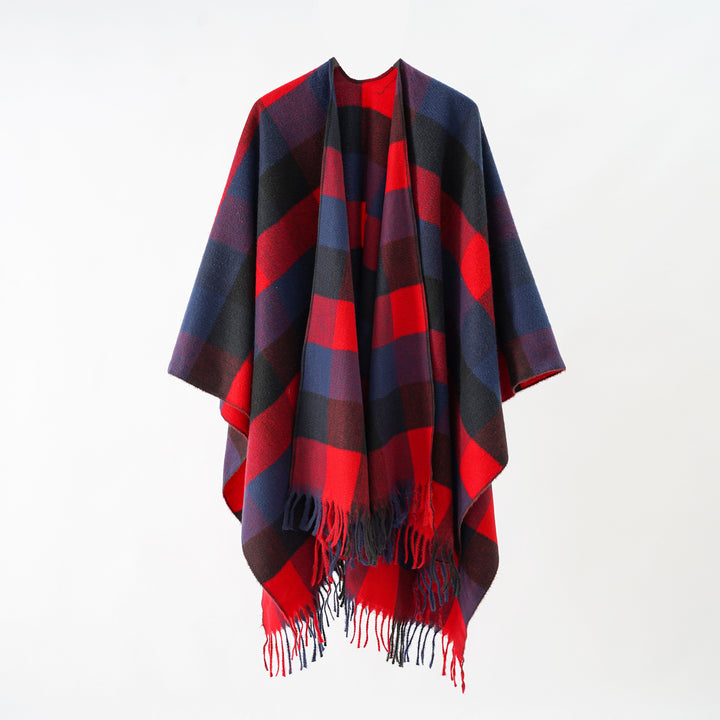 Damen Oversize-Wrapponcho aus Wollmix mit grafischem Rautenmuster und Fransensaum – Célinea