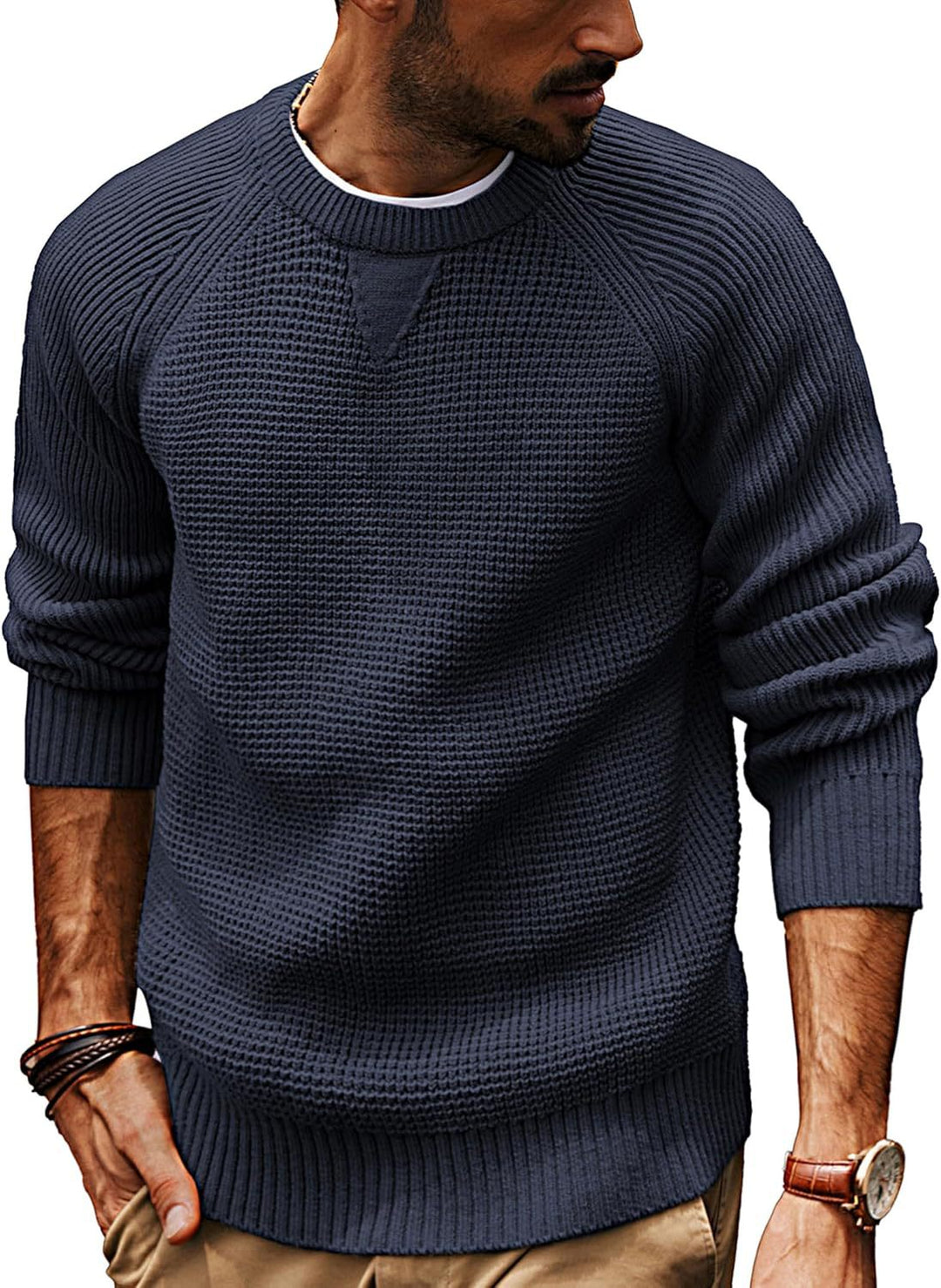 Herren lässiger Strickpullover mit strukturiertem Gewebemuster und Rundhalsausschnitt Echoarchiv