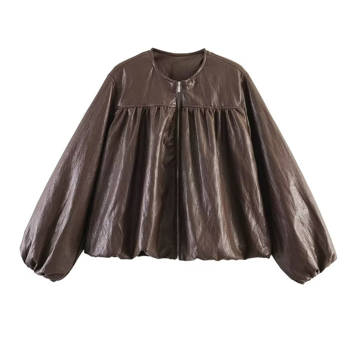 Damen Kurzblouson aus Kunstleder mit geraffter Yoke und Balloon-Ärmeln Echo Archiv