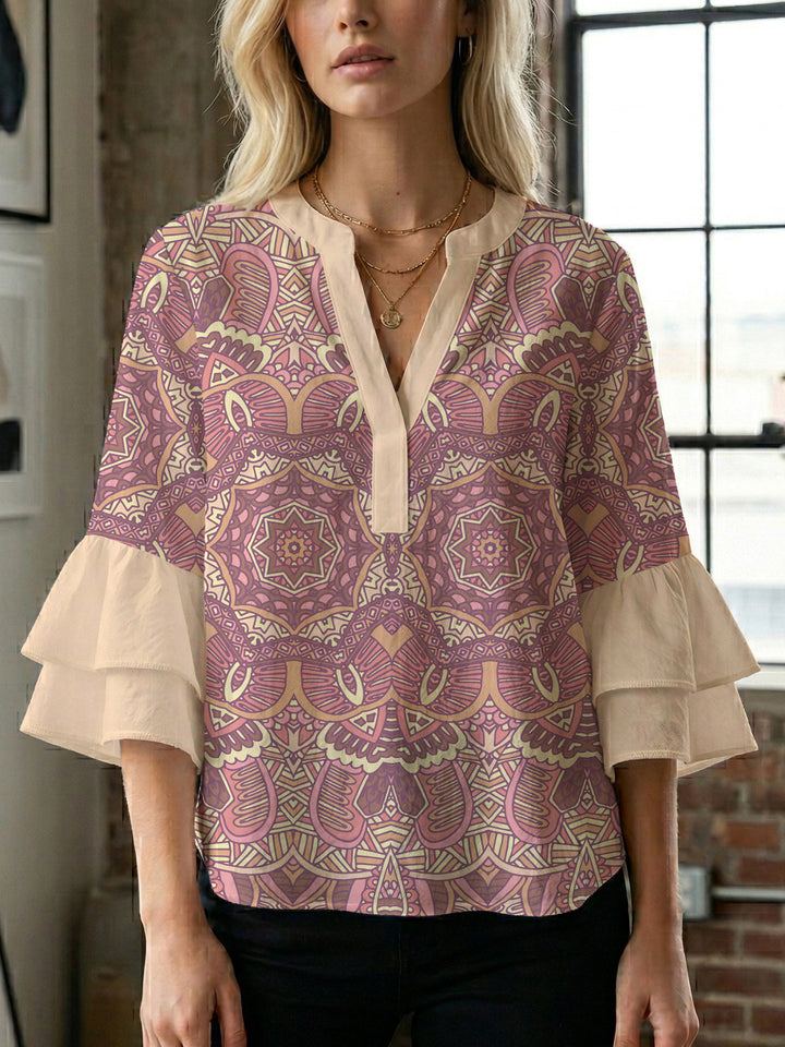 Damen elegantes Blusenshirt mit voluminösen Rüsenärmeln und grafischem Blumendesign Echo Archiv