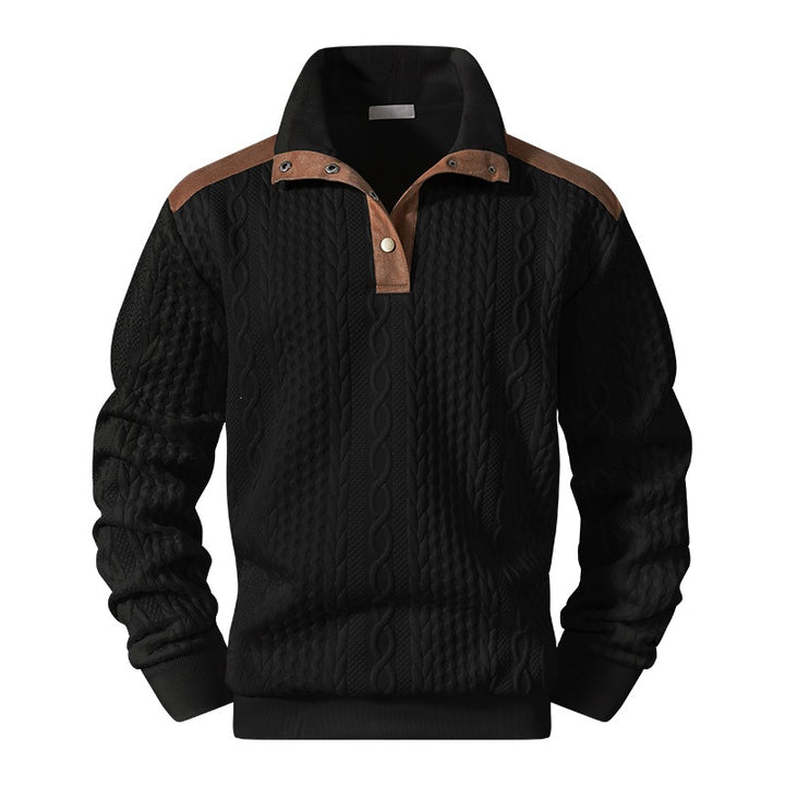 Herren Strickpullover mit Zopfmuster, Stehkragen und Kontrast‑Schulter- & Ellbogenpatches Echoarchiv