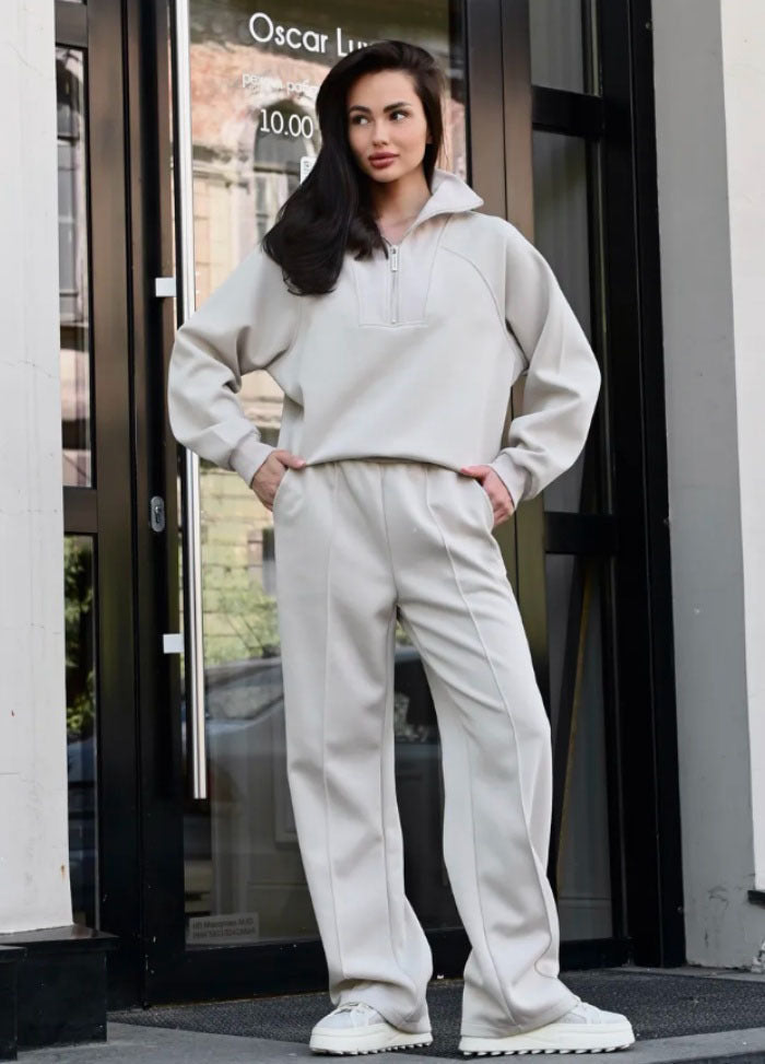 Damen Oversize-Halbreißverschluss-Sweatshirt mit weit geschnittener hochgeschnittener Palazzo-Hose – Élanora