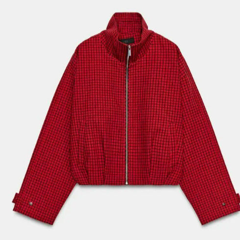 Damen Cropped Blousonjacke aus Webstoff mit Stehkragen, elastischem Saum und feinem Karo‑Design Echo Archiv