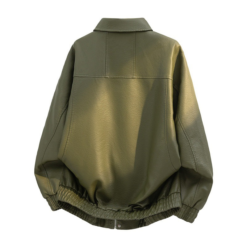 Herren übergroße Kunstleder-Feldjacke mit verdecktem Reißverschluss, elastischem Saum und aufgesetzten Taschen – Taviero