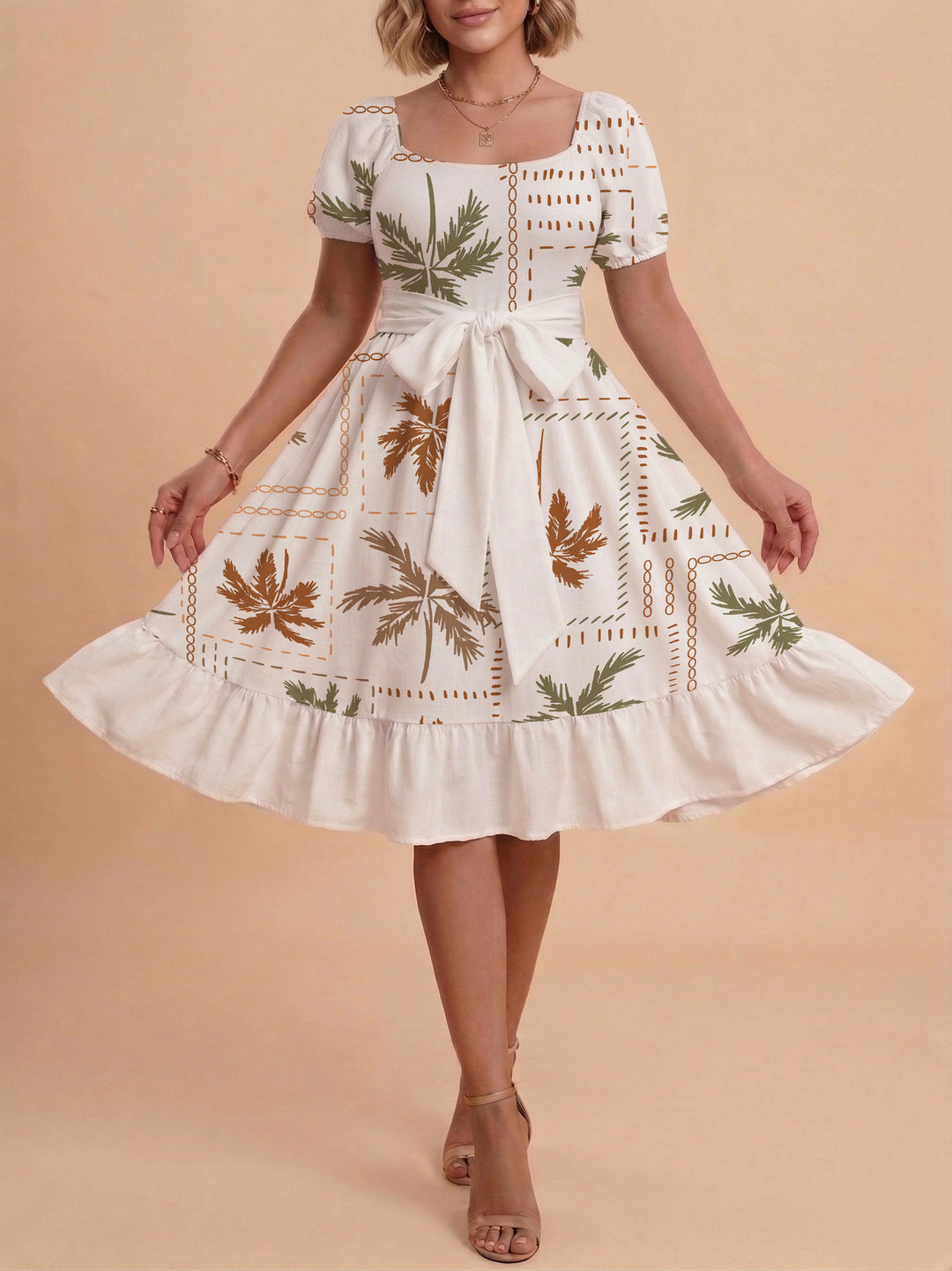 Damen Sommerliches Blumenkleid mit taillierbarem Gürtel und voluminösen Ärmeln Echo Archiv