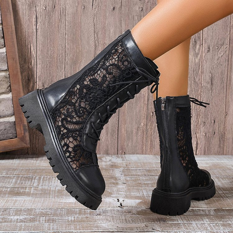 Damen Schnürstiefel mit Spitzeneinsätzen, robuster Profilsohle und Lederoptik Echoarchiv