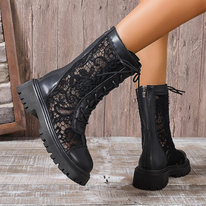 Damen Schnürstiefel mit Spitzeneinsätzen, robuster Profilsohle und Lederoptik Echoarchiv