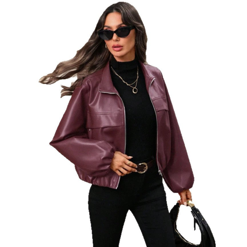 Damen Trendige cropped Kunstlederjacke – Célinea
