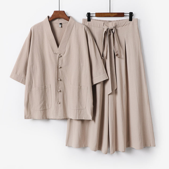 Damen Zweiteiliges Kimono-Lounge-Set mit Kurzarm-Knopfjacke, aufgesetzten Taschen und weiten Palazzo-Hosen Echoarchiv