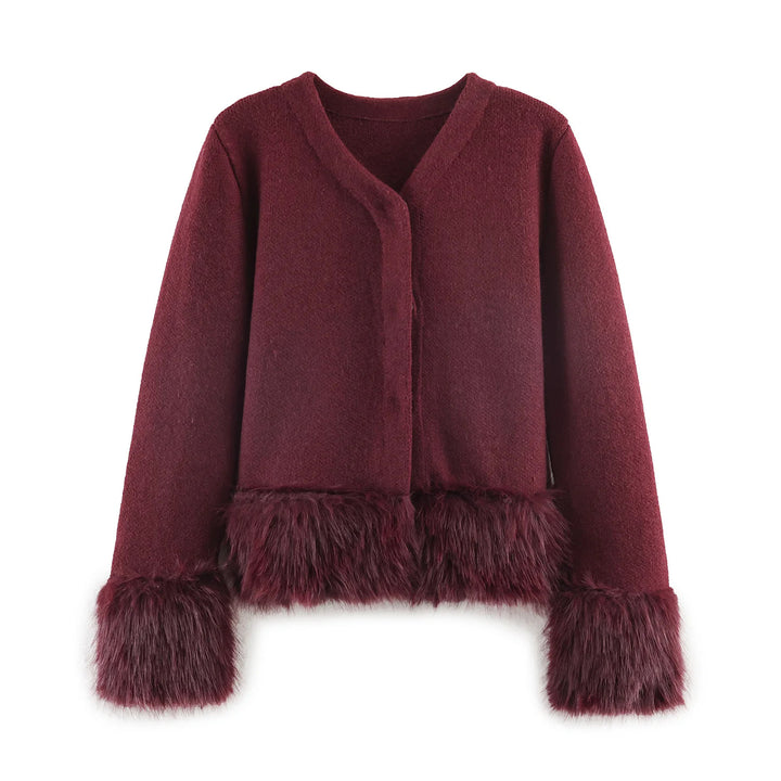 Damen kurze Wolljacke mit flauschigem Kunstfellbesatz am Saum und Ärmeln – Célinea