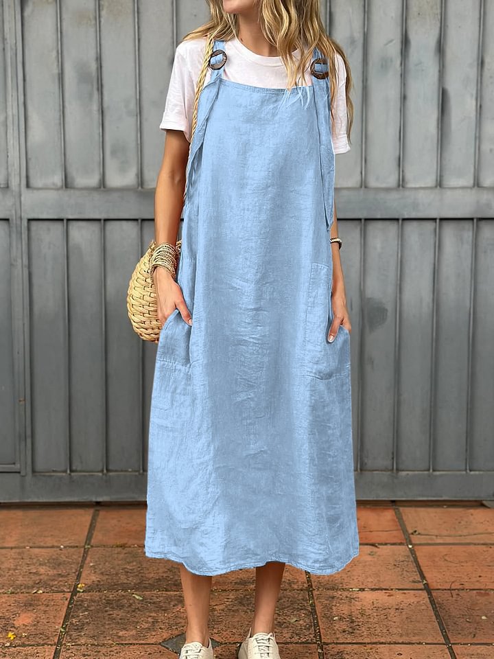 Damen Lässiges Leinen-Latzkleid mit praktischen Seitentaschen und verstellbaren Trägern Echoarchiv