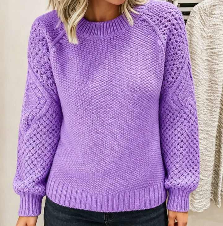 Damen Grobgestrickter Rundhals-Pullover mit Ajour- und Zopfmusterärmeln – Mavelle