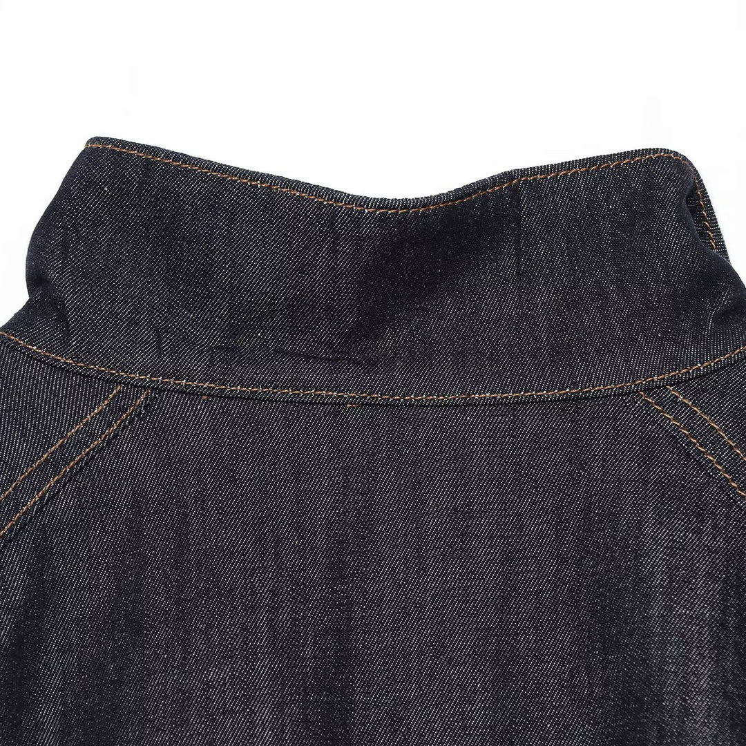 Damen Cropped Jeansjacke mit Taillengürtel, Stehkragen und Ballonärmeln Echoarchiv