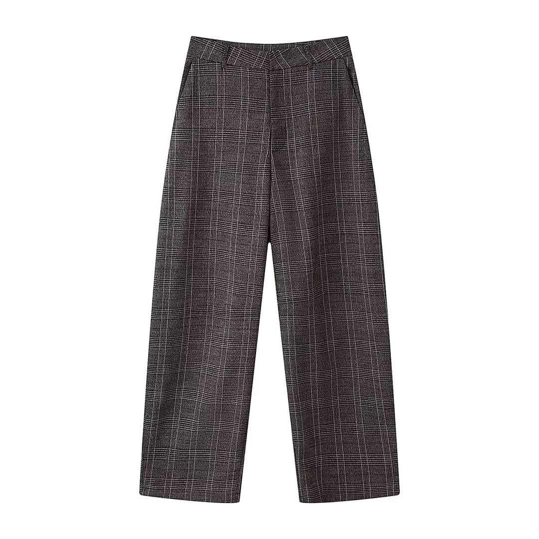 Damen hochtaillierte Glencheckweite Hose mit Bügelfalte und geradem Bein – Avélisse