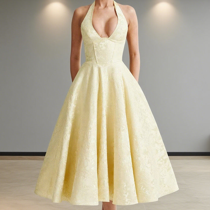 Damen Elegantes Hochzeitskleid mit schwingendem Rock und tiefem V-Ausschnitt Echo Archiv