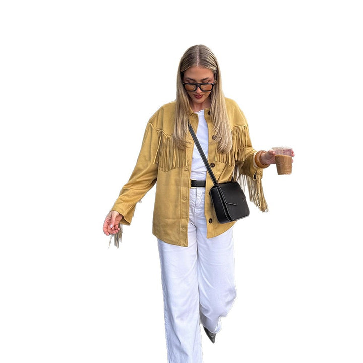 Damen Oversize Fransenjacke im Westernstil aus Veloursleder-Optik mit Hemdkragen Echoarchiv