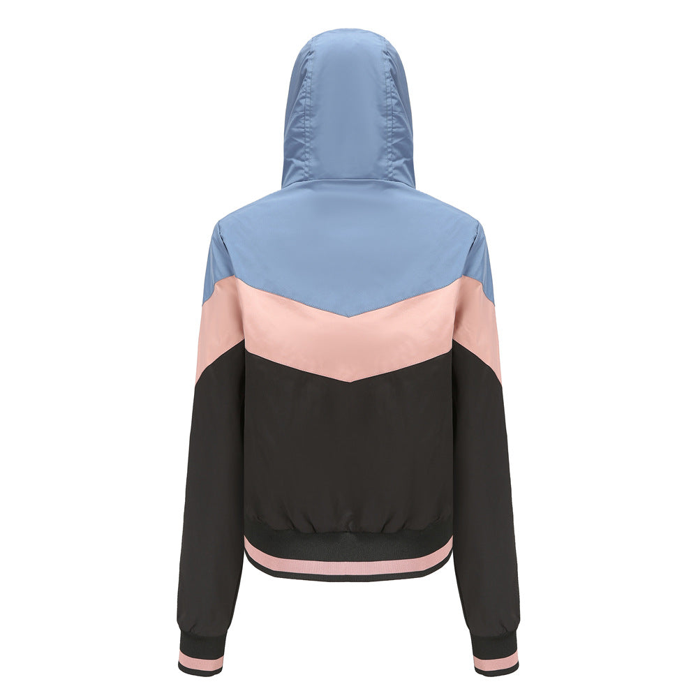Damen nan leichte Windbreaker-Jacke mit Kapuze, Blockpaneel-Design, Reißverschlusstaschen und elastischem Saum Echo Archiv