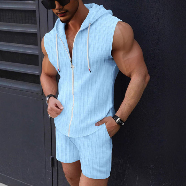 Herren ärmelloses Kapuzenshirt mit Reißverschluss und Shorts Echoarchiv