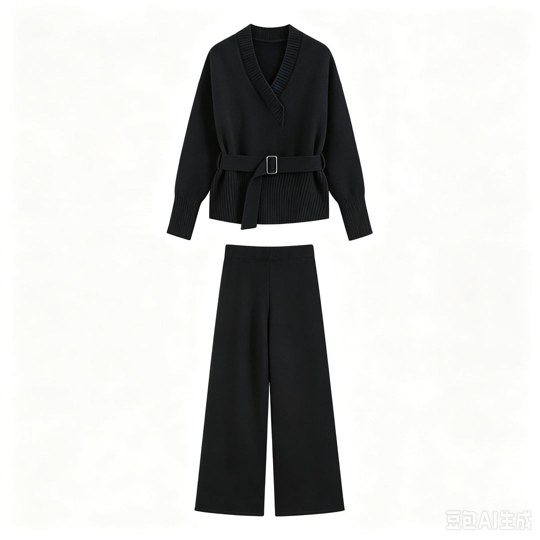 Damen Strick-Set mit V‑Ausschnitt, Taillengürtel und weiten Culotte-Hosen Echo Archiv