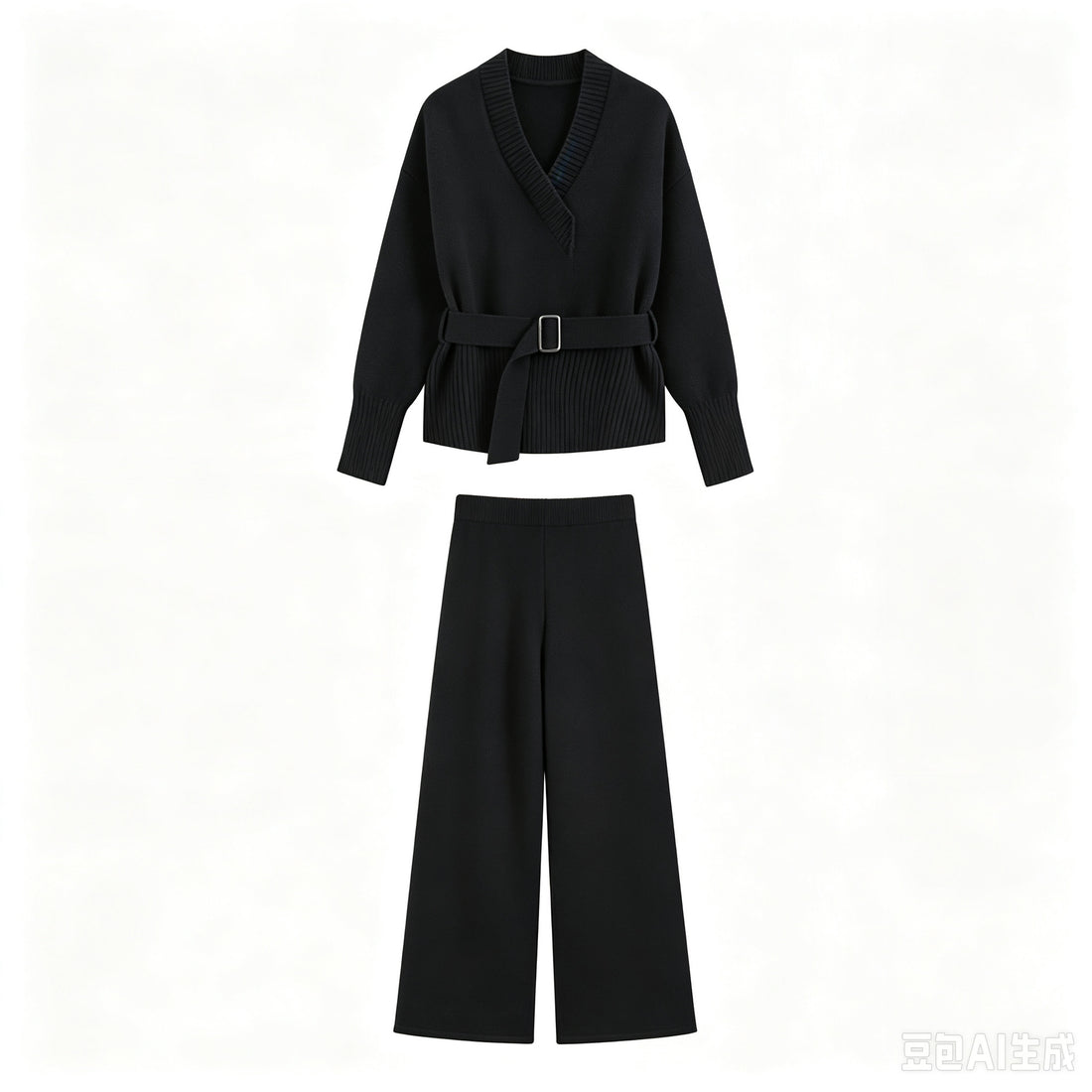 Damen Strick-Set mit V‑Ausschnitt, Taillengürtel und weiten Culotte-Hosen Echo Archiv