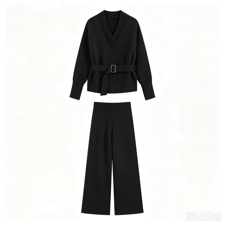 Damen Strick-Set mit V‑Ausschnitt, Taillengürtel und weiten Culotte-Hosen Echo Archiv