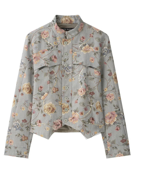 Damen Kurze Jacquard‑Blousonjacke mit Stehkragen, floraler Jacquard‑Stickerei und Pattentaschen Echo Archiv