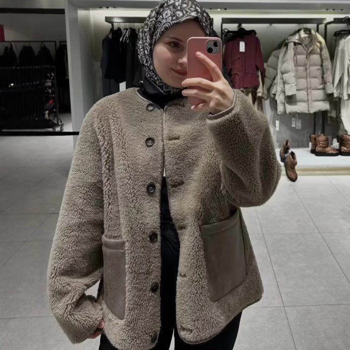 Damen Fleecejacke mit Teddyfutter und aufgesetzten Taschen – Célinea
