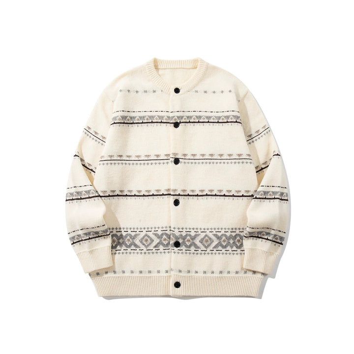 Unisex Strukturierte Jacquard-Strickjacke mit Rundhalsausschnitt, Oversize-Passform und Knopfleiste Echoarchiv
