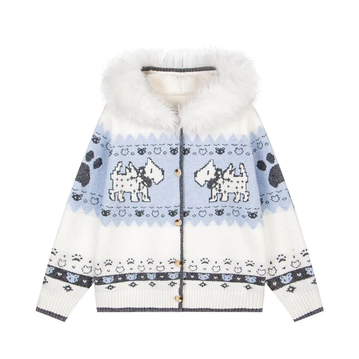 Damen Gemütliche Strickjacke mit Tiermuster und Pelzkragen Echoarchiv