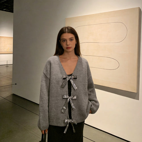 Damen Grobstrick‑Cardigan mit Pailletten‑Schleifen und V‑Ausschnitt Echo Archiv