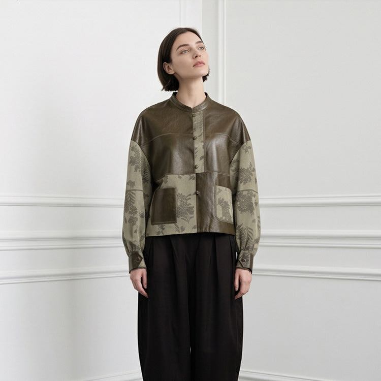Damen Kurzjacke aus Lederoptik und Jacquard mit Stehkragen Echoarchiv