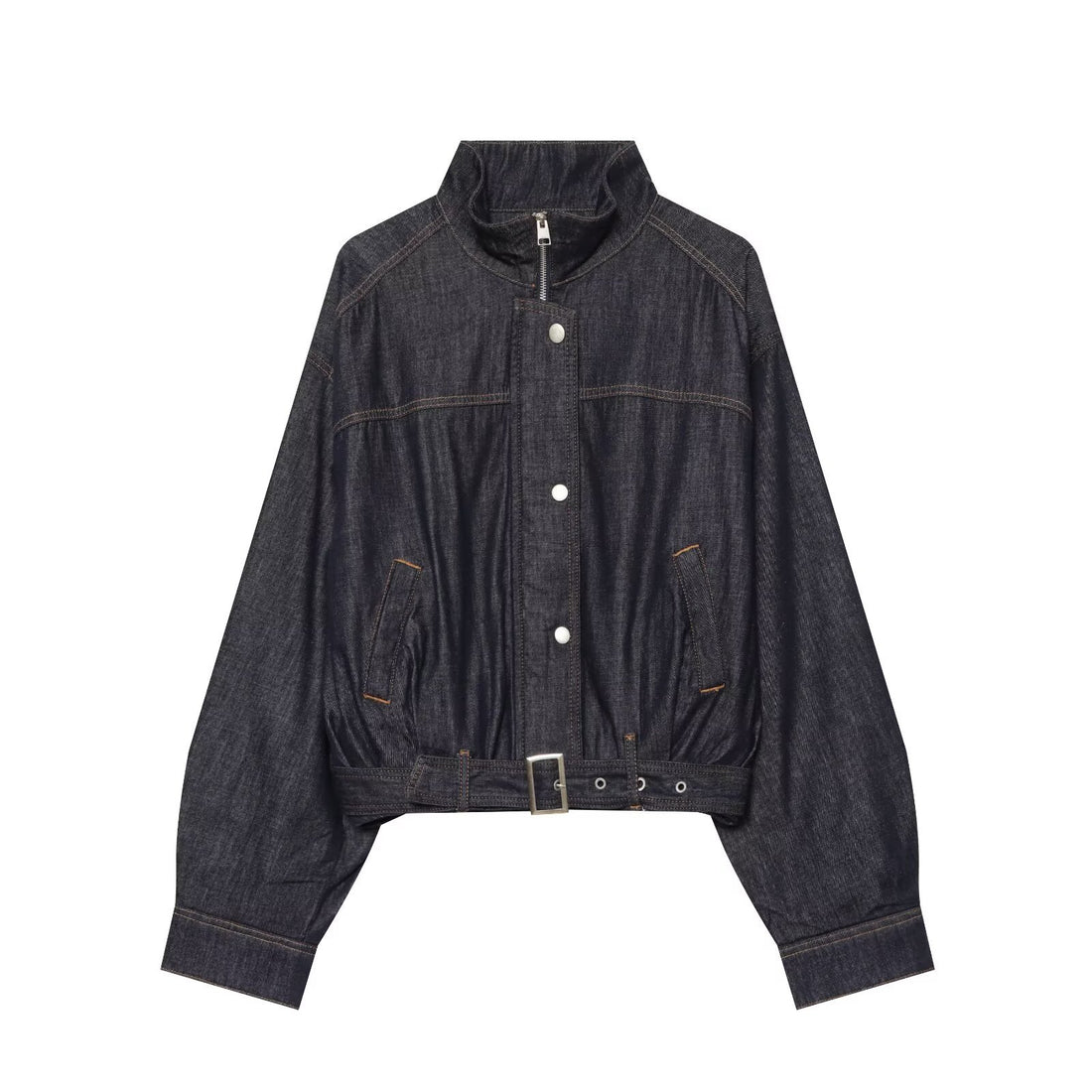 Damen Cropped Jeansjacke mit Taillengürtel, Stehkragen und Ballonärmeln Echoarchiv