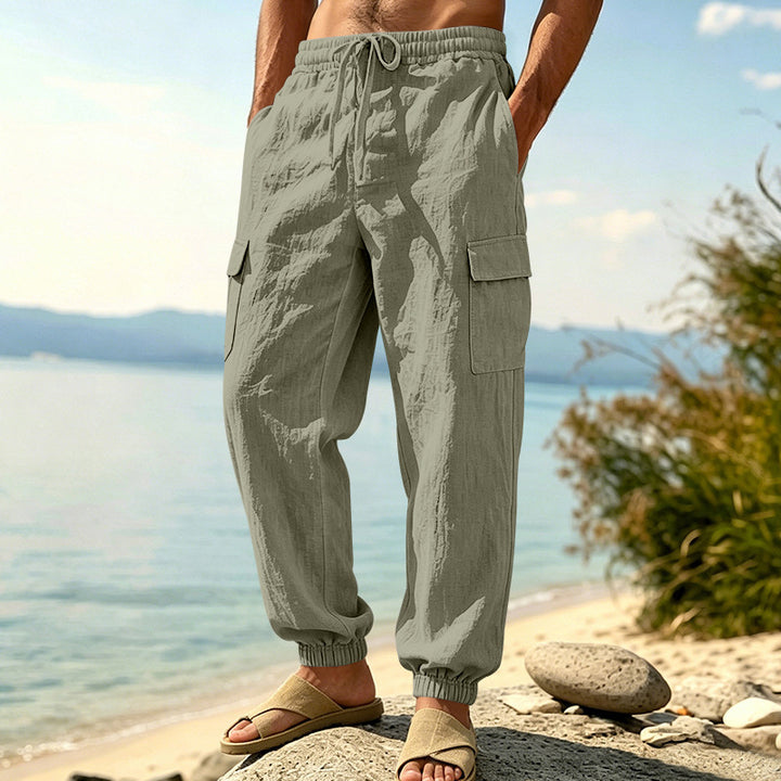 Herren nan leichte Cargo-Joggerhose aus Leinenmischung mit elastischem Tunnelzugbund, aufgesetzten Klappentaschen und gerippten Beinabschlüssen Echo Archiv