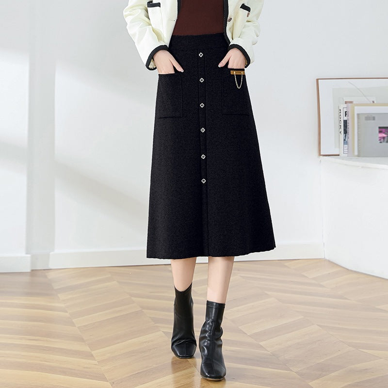 Damen Eleganter, gefütterter Knopf-Midirock Echo Archiv