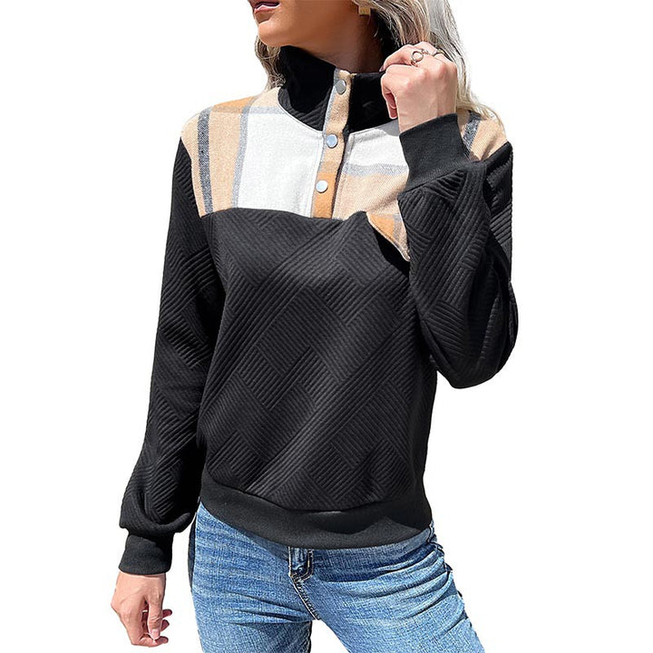 Damen Stepp-Sweatshirt mit Karodetail, Knopfblende und geripptem Bund Echoarchiv