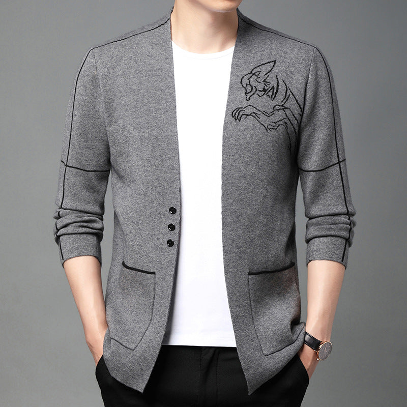 Herren elegante Strickjacke mit gesticktem Design und praktischen Taschen Echoarchiv